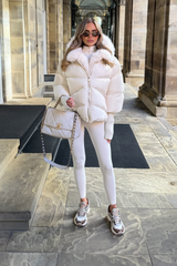 Verity cream hooded puffer coat with faux fur trim