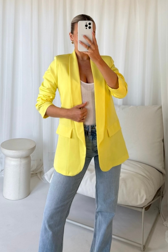 Valencia yellow ruched sleeve blazer