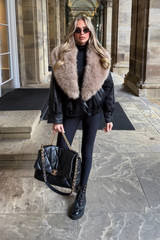 Milena Black Faux Fur Collar Faux Leather Jacket