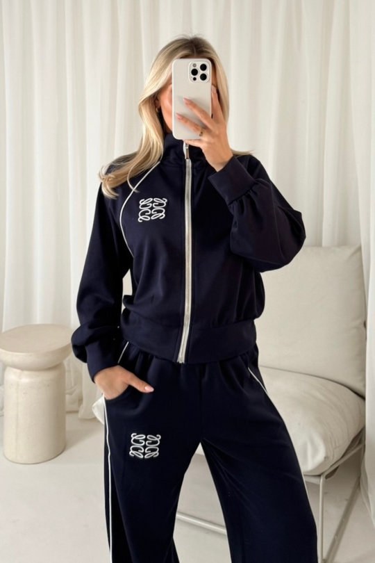 GeGe navy contrast piping zip through jacket & trouser loungewear