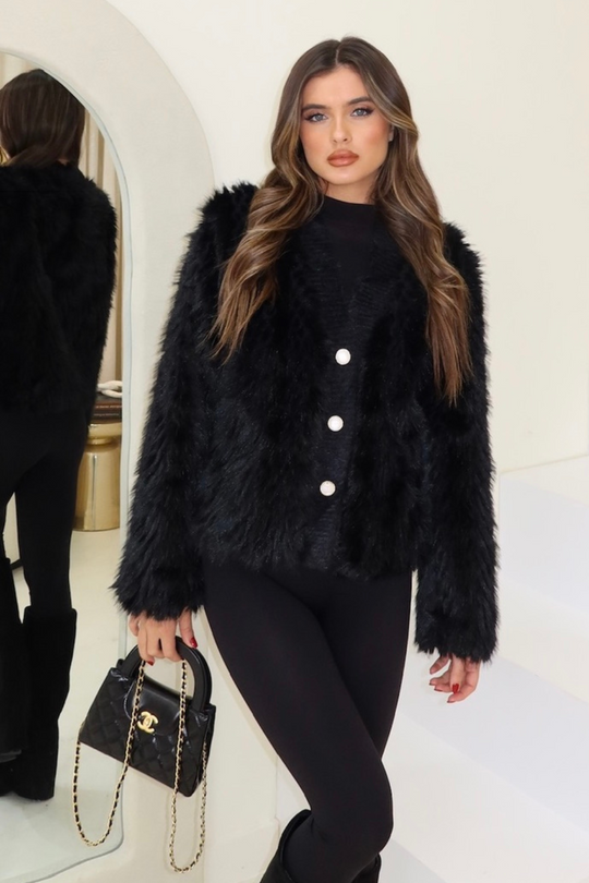 Emily black faux fur & knit cardigan