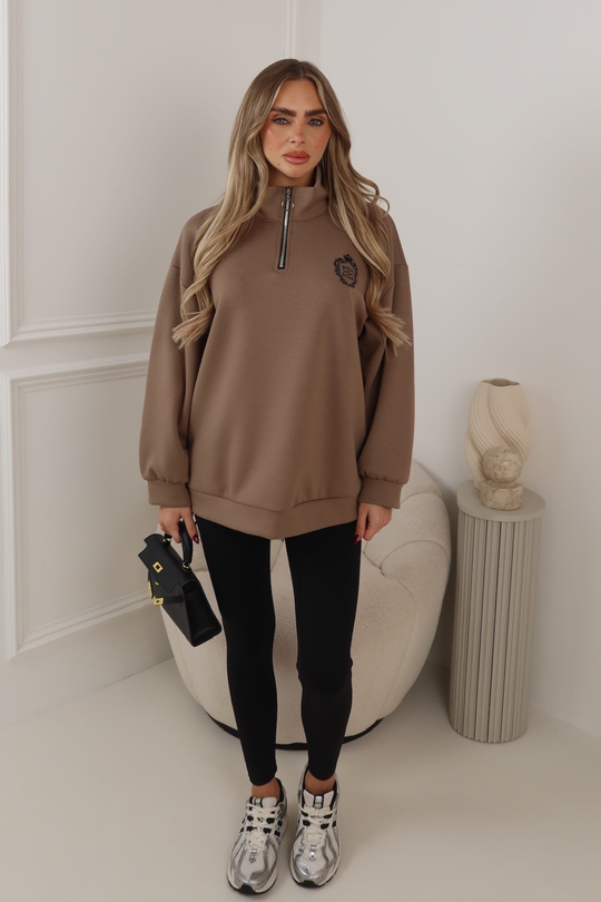 AYLA GEGE EMBLEM EMBROIDERED MOCHA 3/4 ZIP JUMPER