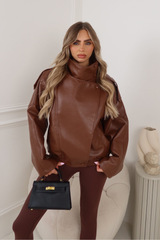 ACE CHOCOLATE FAUX LEATHER HIGH NECK JACKET