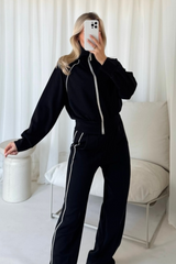 Elise black contrast piping zip through jacket & trouser loungewear