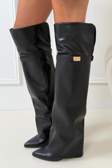 Cassidy black thigh high fold over heeled boots