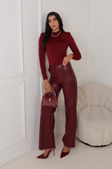 Larnie burgundy faux leather straight leg trousers