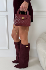 HARLEY WINE SUEDE KNEE HIGH FOLD OVER HEEL BOOTS
