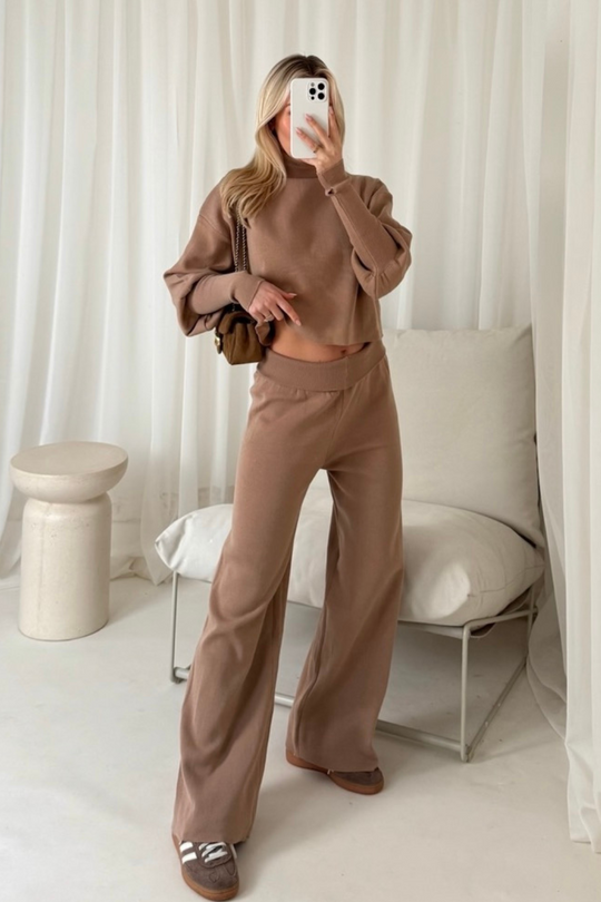 Natalie camel knit jumper and trouser co ord