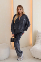 studio leisure embroidered grey acid wash zip up bomber loungewear set