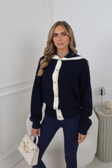 VIOLET NAVY CONTRAST SILVER BUTTON UP FOLD OVER NECK CARDIGAN