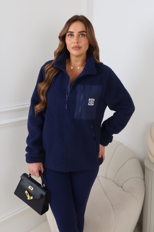 TYLER GLAMIFY EMBROIDERED NAVY 3/4 ZIP TEDDY FLEECE