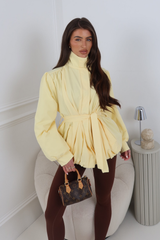 LUCINDER YELLOW BELTED PUFF SLEEVE HIGH NECK JACKET