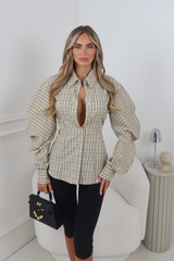 MABEL BEIGE CHECK CINCH WAIST BUTTON UP SHIRT