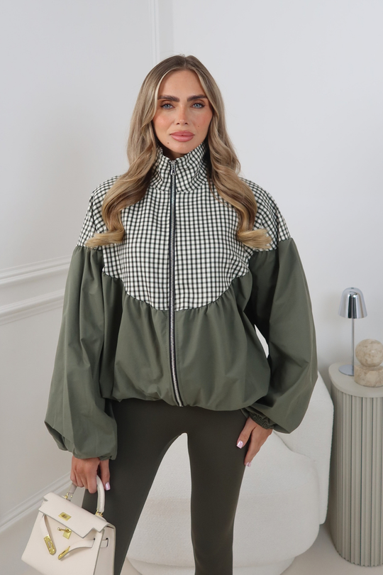 LILLIE KHAKI GREEN BALLOON SLEEVE CHECK JACKET
