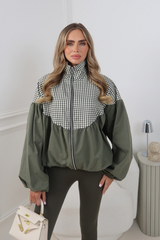 LILLIE KHAKI GREEN BALLOON SLEEVE CHECK JACKET