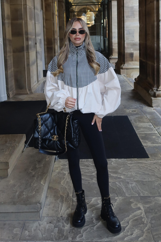 LILLIE CREAM BALLOON SLEEVE CHECK JACKET