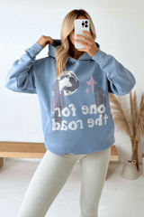 One for the road baby blue printed hoodie