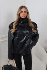 ASHTIN BLACK LEATHER CROC EFFECT HIGH NECK JACKET