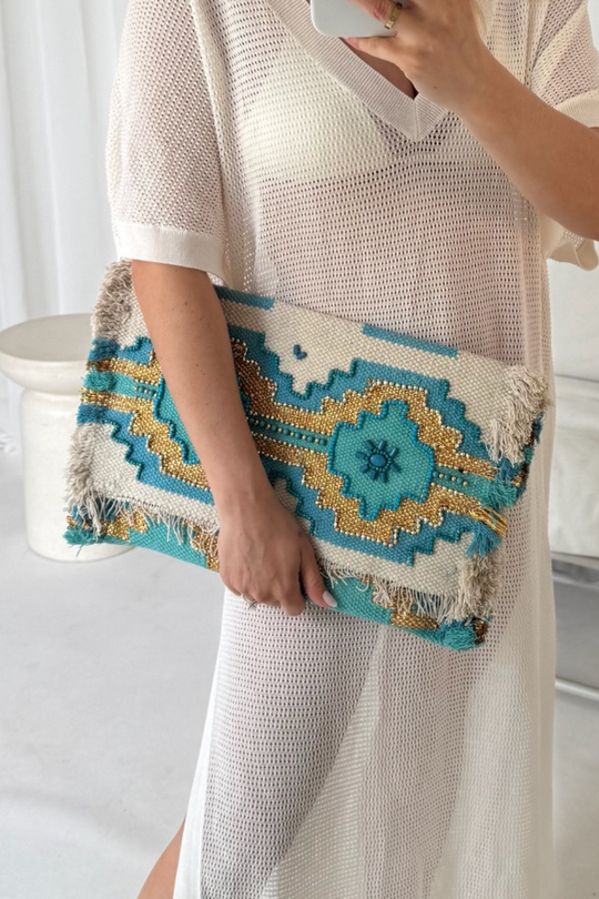 Boho turquoise beaded oversized clutch bag