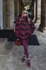 CARMILLA BURGUNDY HIGH COLLAR SHINE FINISH HOODED PUFFER COAT