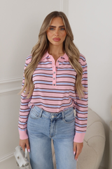 POLLY PINK STRIPED LONG SLEEVE COLLARED TOP