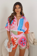 Camille pink printed linen shirt and shorts co-ord One size (6-12) Co Ord