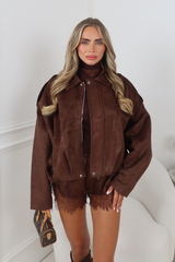 VANESSA CHOCOLATE FAUX SUEDE BOMBER JACKET