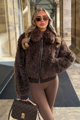 POSIE CHOCOLATE FAUX FUR BOMBER JACKET