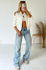 Aria White Cropped Long Sleeve Bomber Jacket