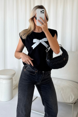 Bow black printed shoulder pad t-shirt