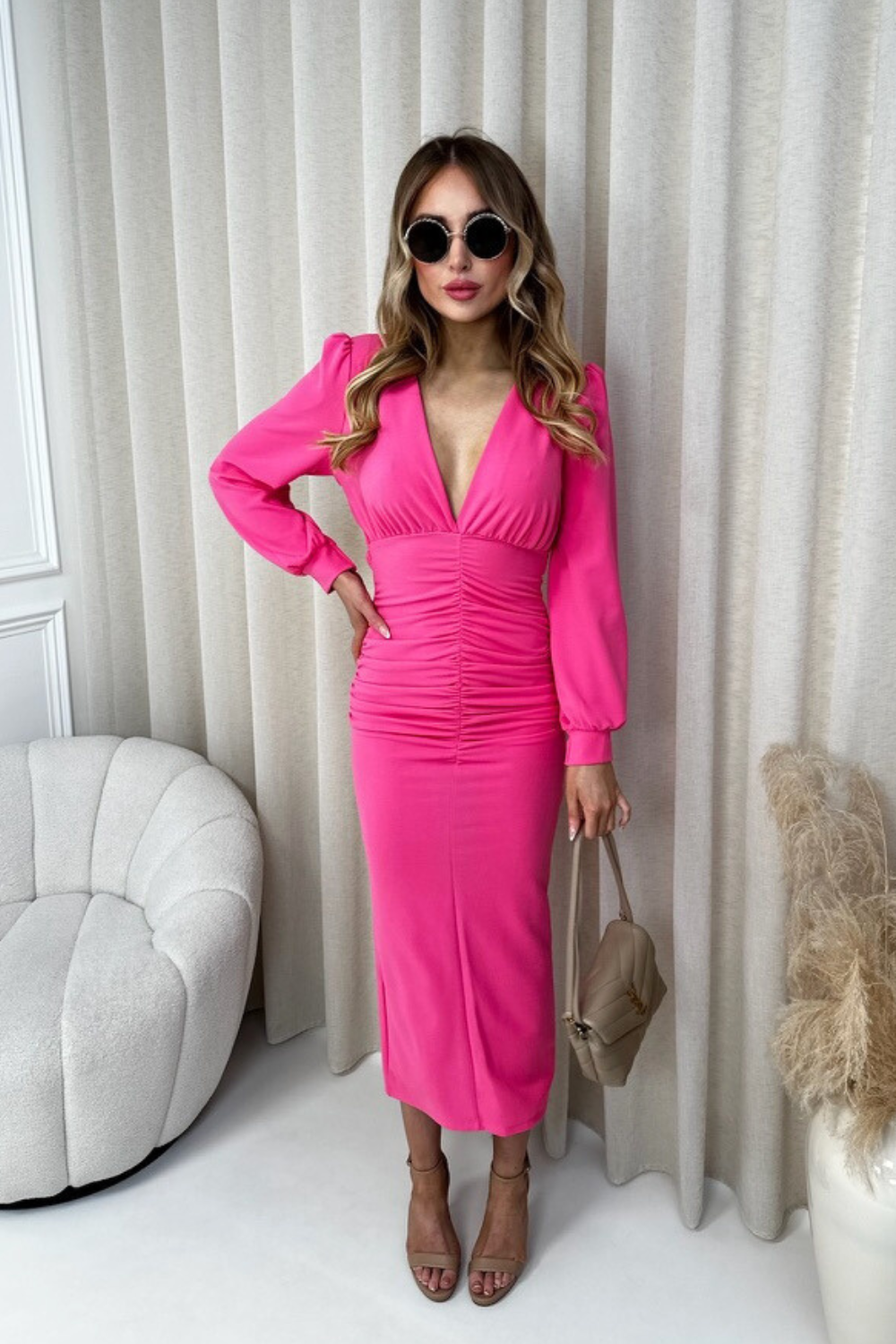 Layla pink plunge neck midi dress