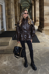 ELISE CHOCOLATE CINCHED WAIST FAUX LEATHER JACKET