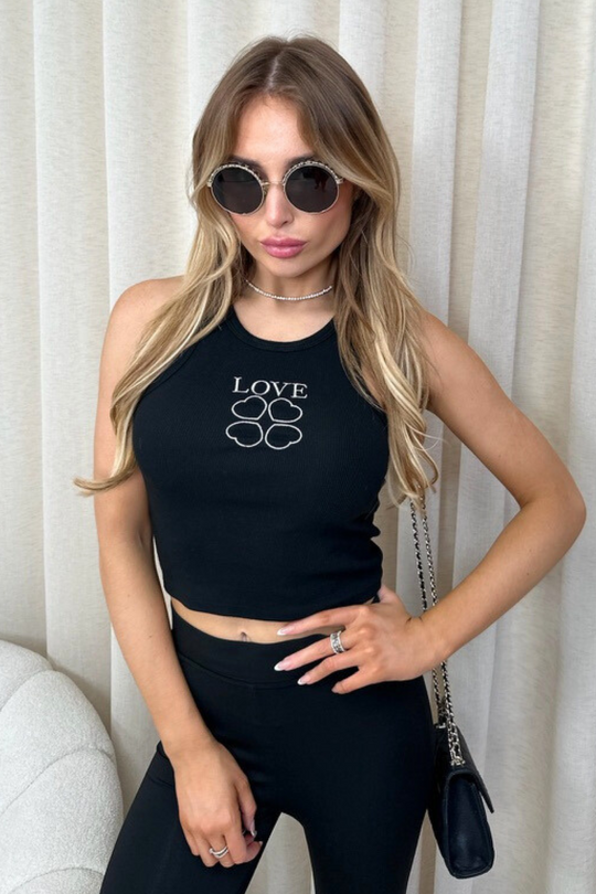 Love Black Embroidered Ribbed Vest