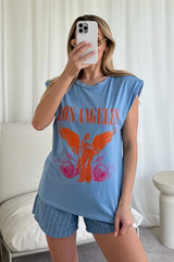 Los Angeles printed blue shoulder pad t-shirt