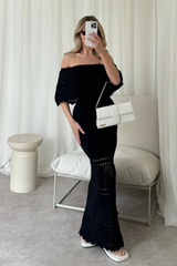 Amie black crochet off shoulder maxi dress
