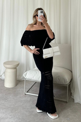Amie black crochet off shoulder maxi dress