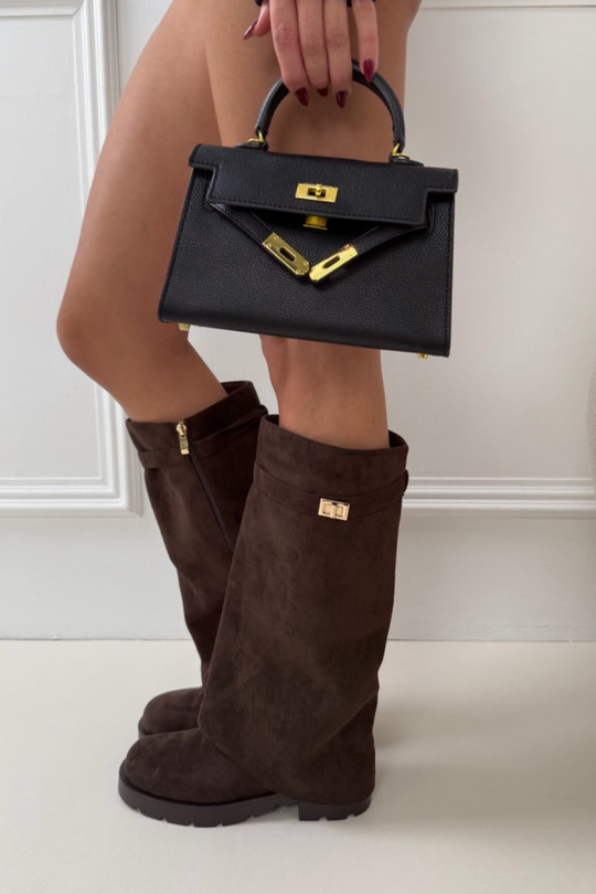 ANTONIA CHOCOLATE FAUX SUEDE FLAT FOLD OVER STRAPPED BOOTS