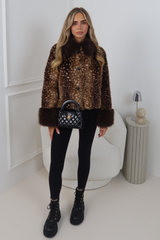 MARNIE BROWN DEER PRINT SHORT JACKET WITH FUR COLLAR AND CUFFS