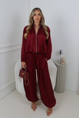 NESSA BURGUNDY SATIN BALLOON TROUSER AND ZIP UP JACKET CO ORD