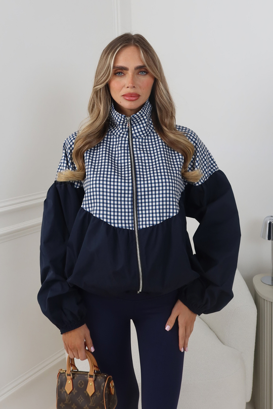 LILLIE NAVY BALLOON SLEEVE CHECK JACKET