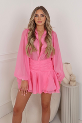 Nalani pink sheer button up shirt & frill skirt co ord