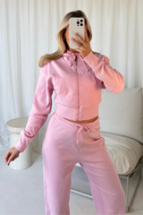 Becky pink ribbed cropped jacket & wide leg trousers