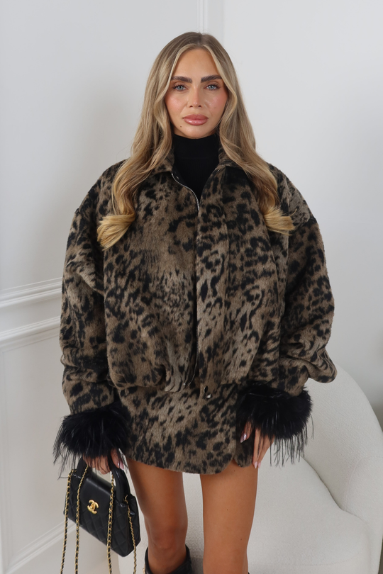 MILLIE GREY LEOPARD PRINT ZIP UP FURRY JACKET