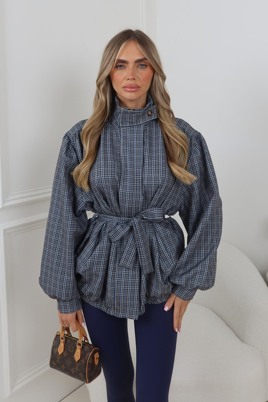 WILLOW NAVY CHECK ZIP UP JACKET WITH BELT