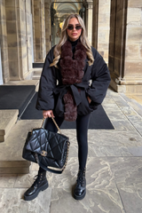 GRACIE BLACK TIE WAIST FUR COLLAR JACKET