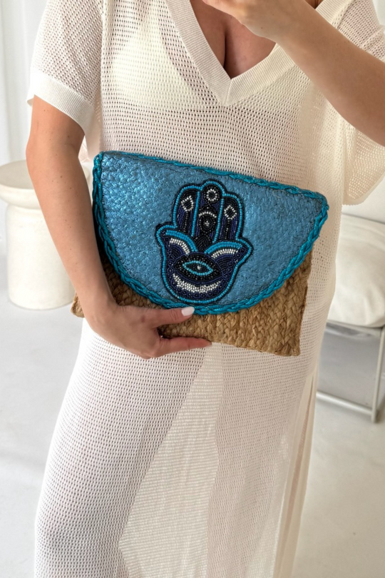 Hamza blue beaded crossbody bag