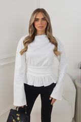 SANDY WHITE PEPLUM ZIP BACK LONG SLEEVE TSHIRT