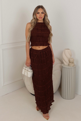 Ophelia chocolate chiffon open back top & maxi skirt co ord