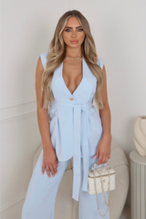 LEAH BLUE BELTED WAISTCOAT AND TROUSER CO ORD TWO PIECE SET