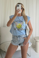 Paradise tennis printed baby blue shoulder pad t-shirt